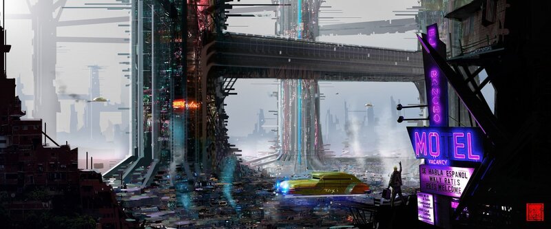 Futuristic Cityscape — Purple, Dystopian, Night, Digital Art, Neon Sign