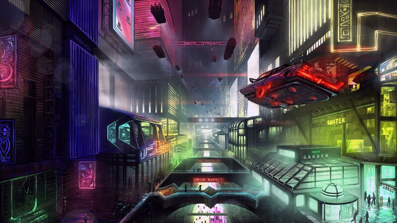 Futuristic Cityscape — Purple, Dystopian, Night, Digital Art, Neon Signs