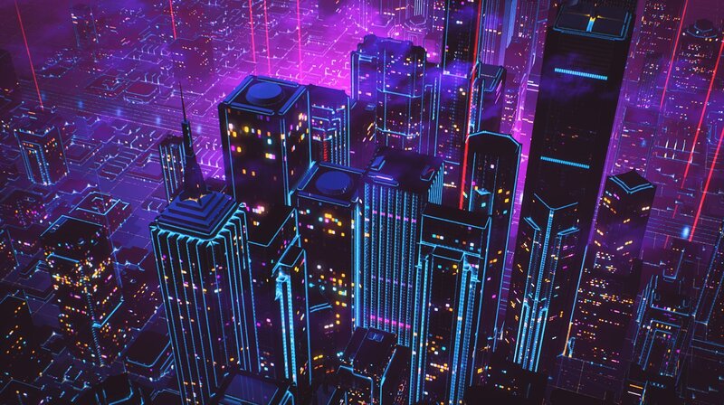 Futuristic Cityscape — Purple, Dystopian, Night, Digital Art, Skyscrapers