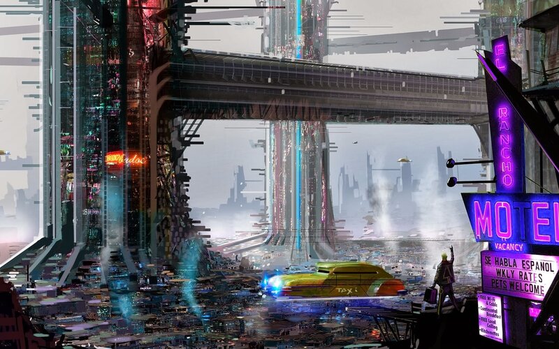 Futuristic Cityscape — Purple, Dystopian, Night, Digital Art