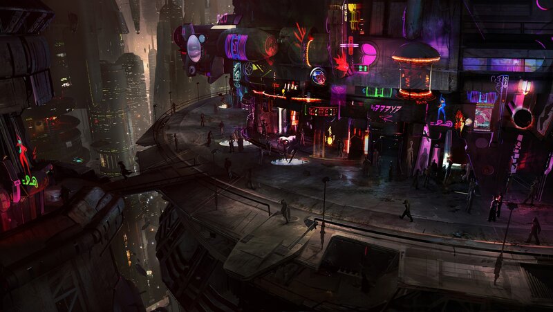 Futuristic Cityscape — Purple, Dystopian, Night