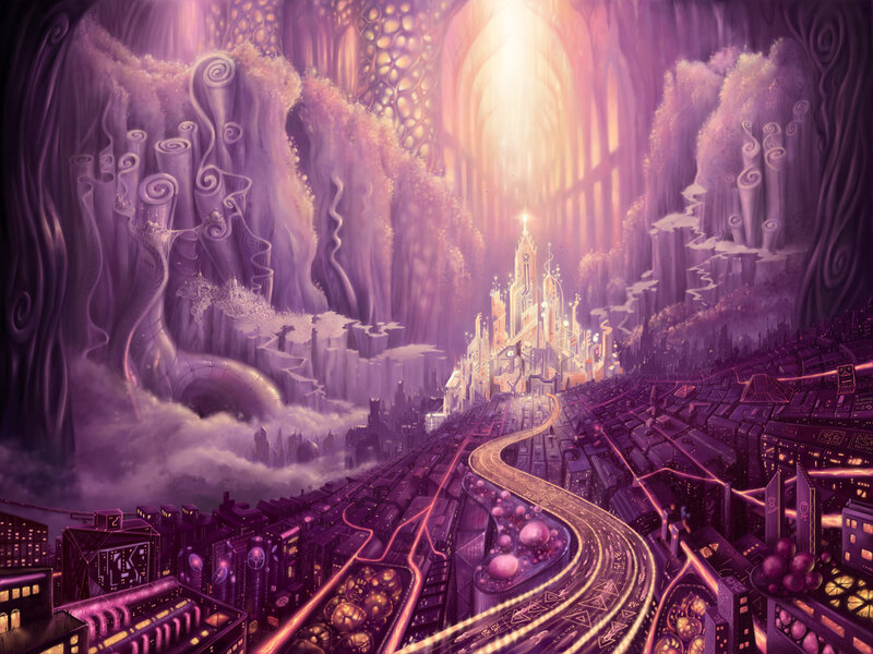 Futuristic Cityscape — Purple, Fantastical, Night, Digital Art