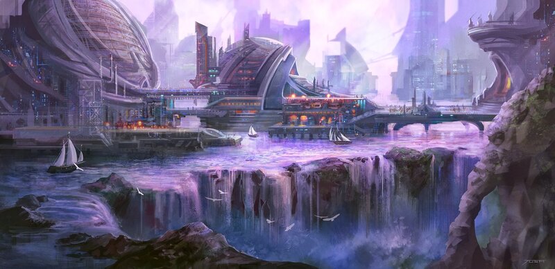 Futuristic Cityscape — Purple, Serene, Night