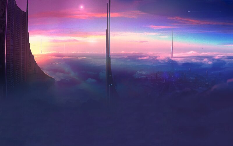 Futuristic Cityscape — Purple, Serene, Sunset, Digital Art, Skyscrapers, Clouds, Sun