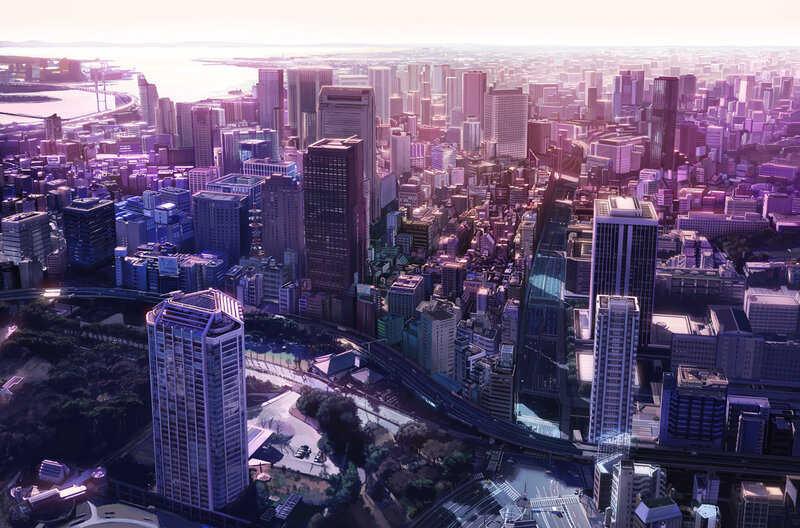Futuristic Cityscape — Purple, Serene, Sunset, Digital Art