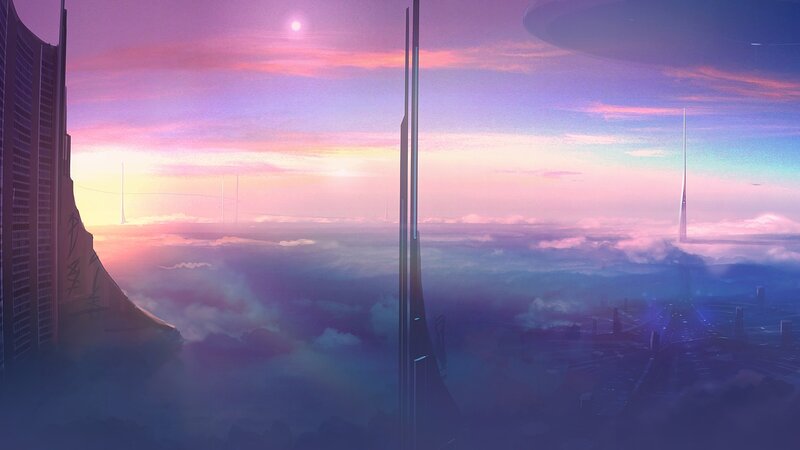 Futuristic Cityscape — Purple, Serene, Sunset