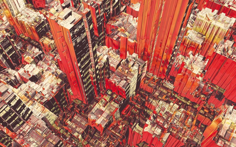 Futuristic Cityscape — Red, Dramatic, Digital Art, Buildings