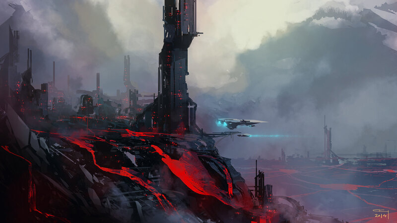 Futuristic Cityscape — Red, Dramatic, Digital Art, Lava