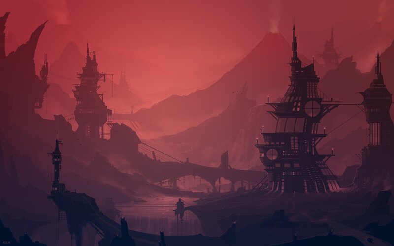 Futuristic Cityscape — Red, Dramatic, Night, Digital Art, Mountains