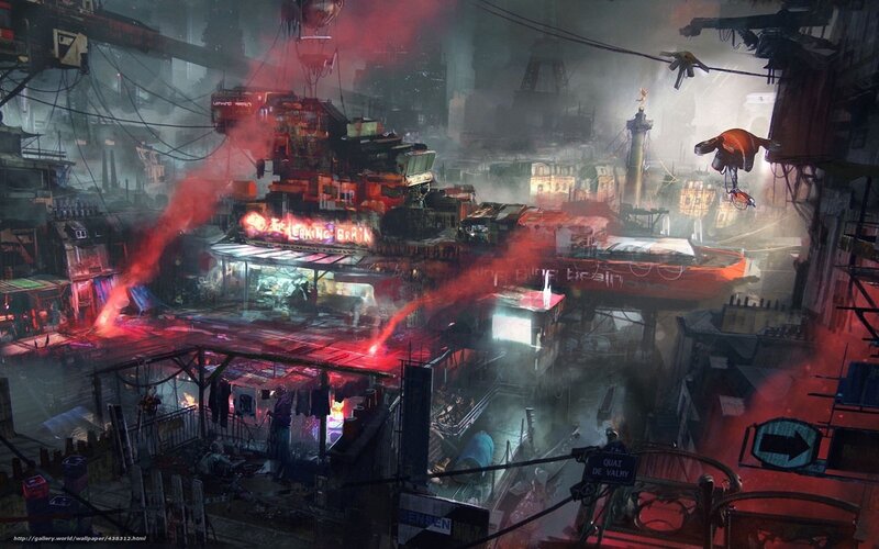 Futuristic Cityscape — Red, Dramatic, Night, Digital Art, Neon Lights, Smoke, Cranes