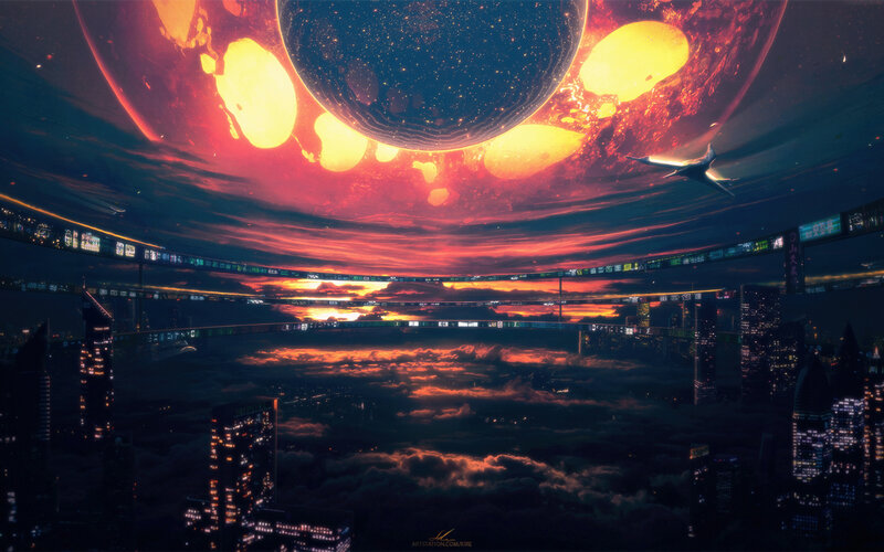Futuristic Cityscape — Red, Dramatic, Night, Digital Art, Planet, Spaceship, Clouds