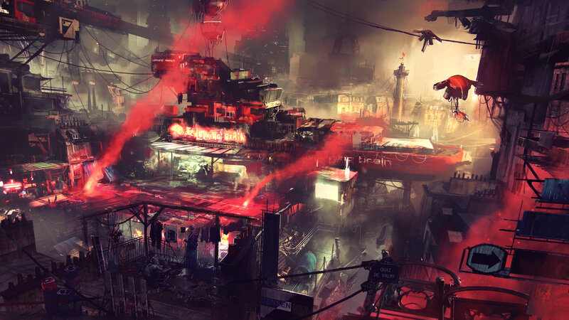 Futuristic Cityscape — Red, Dramatic, Night, Digital Art, Red Smoke