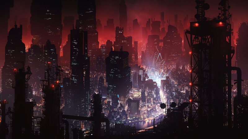 Futuristic Cityscape — Red, Dramatic, Night, Digital Art, Skyscrapers, Industrial Towers