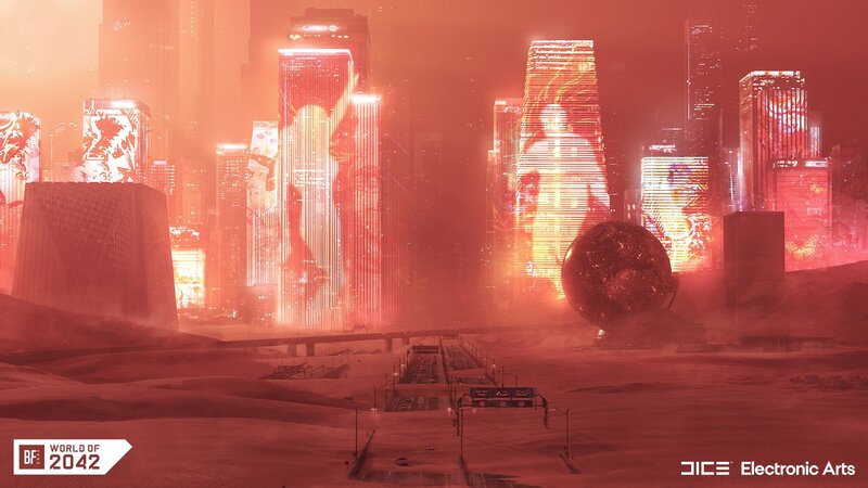 Futuristic Cityscape — Red, Dramatic, Night, Digital Art, Skyscrapers, Spherical Object