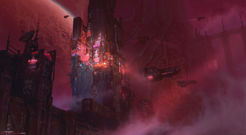 Futuristic Cityscape — Red, Dramatic, Night, Digital Art, Spaceships