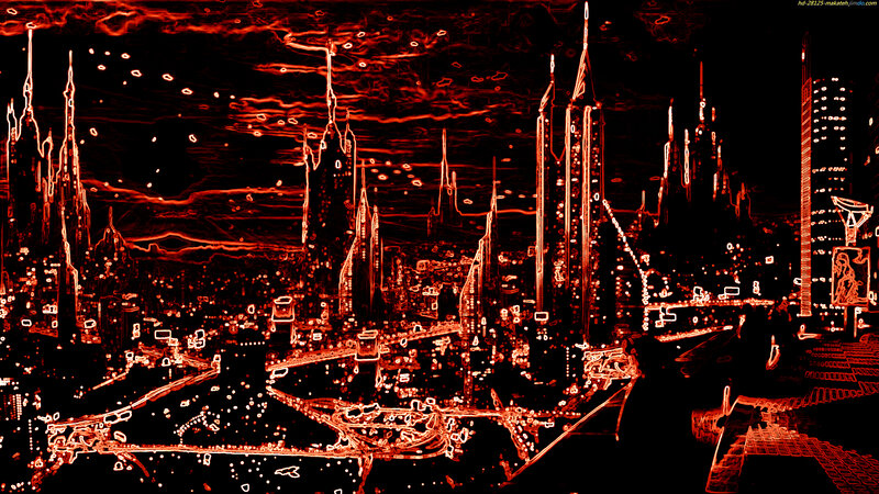 Futuristic Cityscape — Red, Dramatic, Night, Digital Art