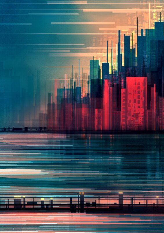 Futuristic Cityscape — Red, Dramatic, Sunset, Digital Art, Buildings