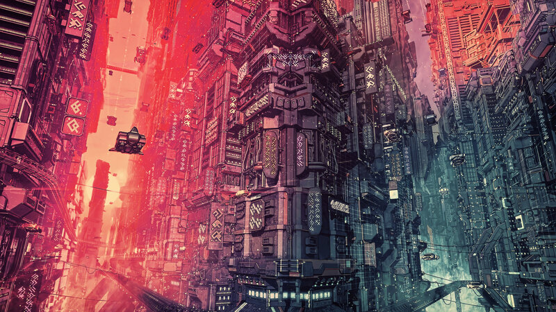 Futuristic Cityscape — Red, Dramatic, Sunset, Digital Art, Buildings, Vehicles