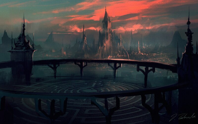 Futuristic Cityscape — Red, Dramatic, Sunset, Digital Art, Castle
