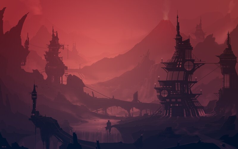 Futuristic Cityscape — Red, Dramatic, Sunset, Digital Art, Mountains
