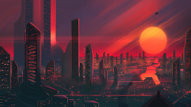 Futuristic Cityscape — Red, Dramatic, Sunset, Digital Art, Skyscrapers, River