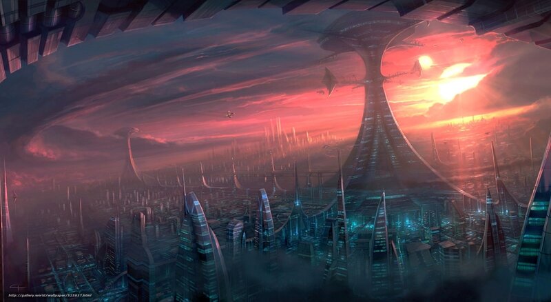 Futuristic Cityscape — Red, Dramatic, Sunset, Digital Art, Skyscrapers, Spaceships, Clouds