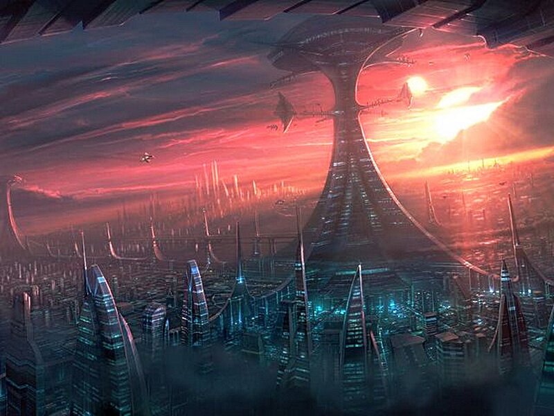 Futuristic Cityscape — Red, Dramatic, Sunset, Digital Art, Skyscrapers, Spaceships