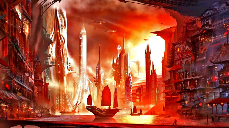 Futuristic Cityscape — Red, Dramatic, Sunset, Digital Art, Skyscrapers