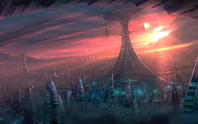 Futuristic Cityscape — Red, Dramatic, Sunset, Digital Art