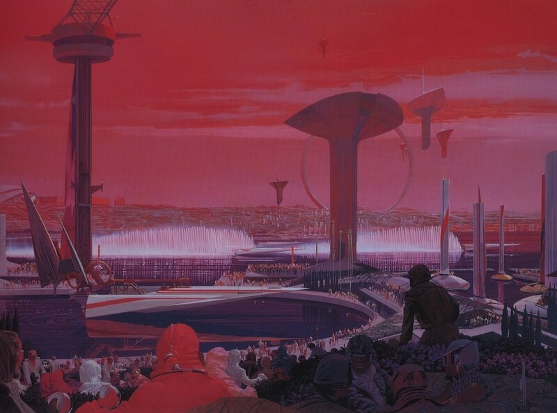 Futuristic Cityscape — Red, Dramatic, Sunset, Illustration, Skyscrapers