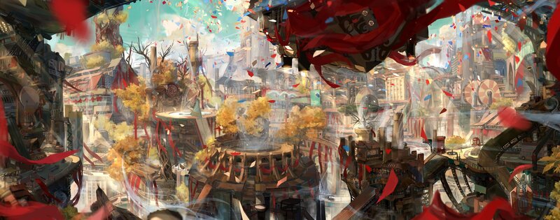 Futuristic Cityscape — Red, Festive