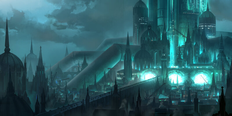 Futuristic Cityscape — Teal, Dark, Night