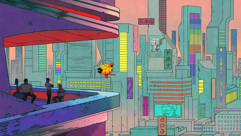 Futuristic Cityscape — Teal, Dystopian, Sunset