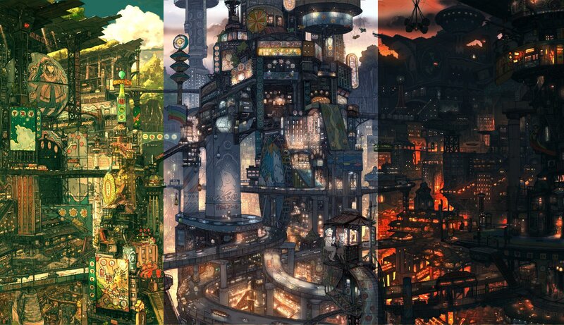 futuristic cityscape triptych