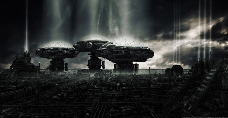 futuristic cityscape under beams