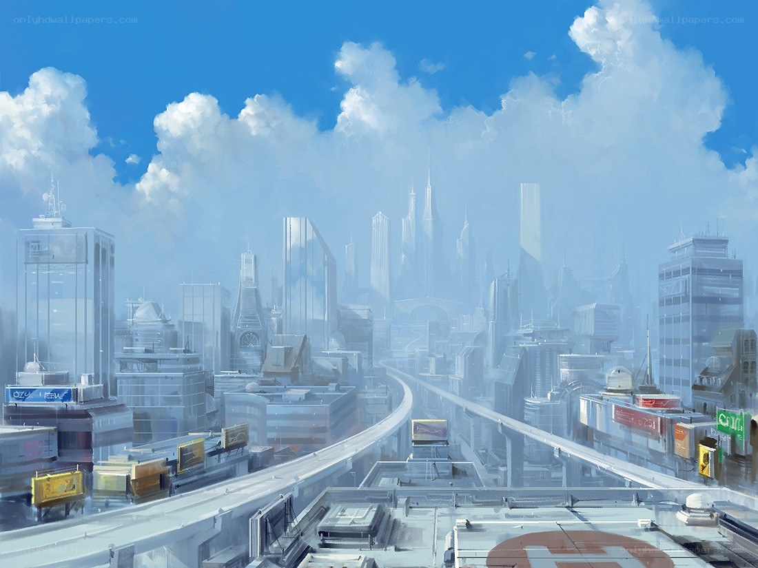 futuristic cityscape under blue sky