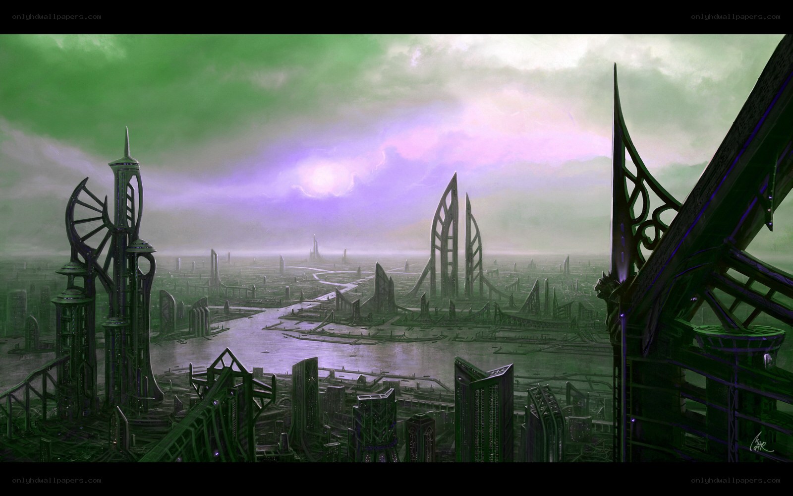 futuristic cityscape under green sky