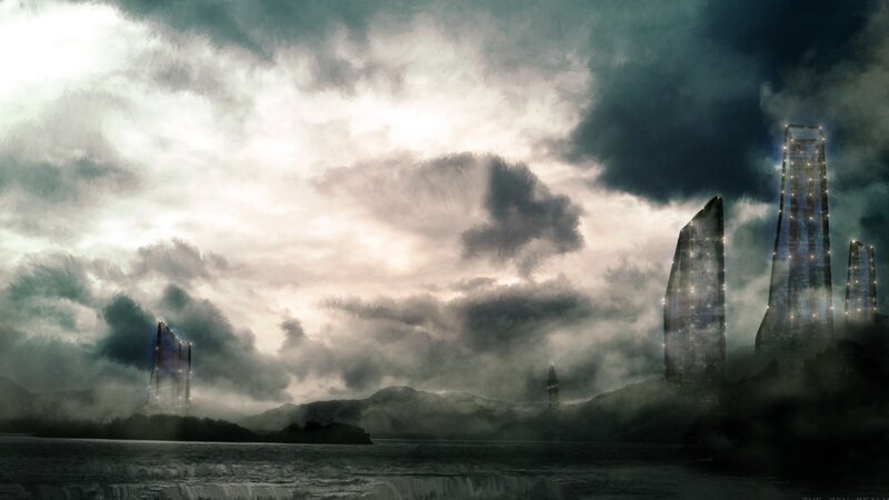 futuristic cityscape under stormy sky