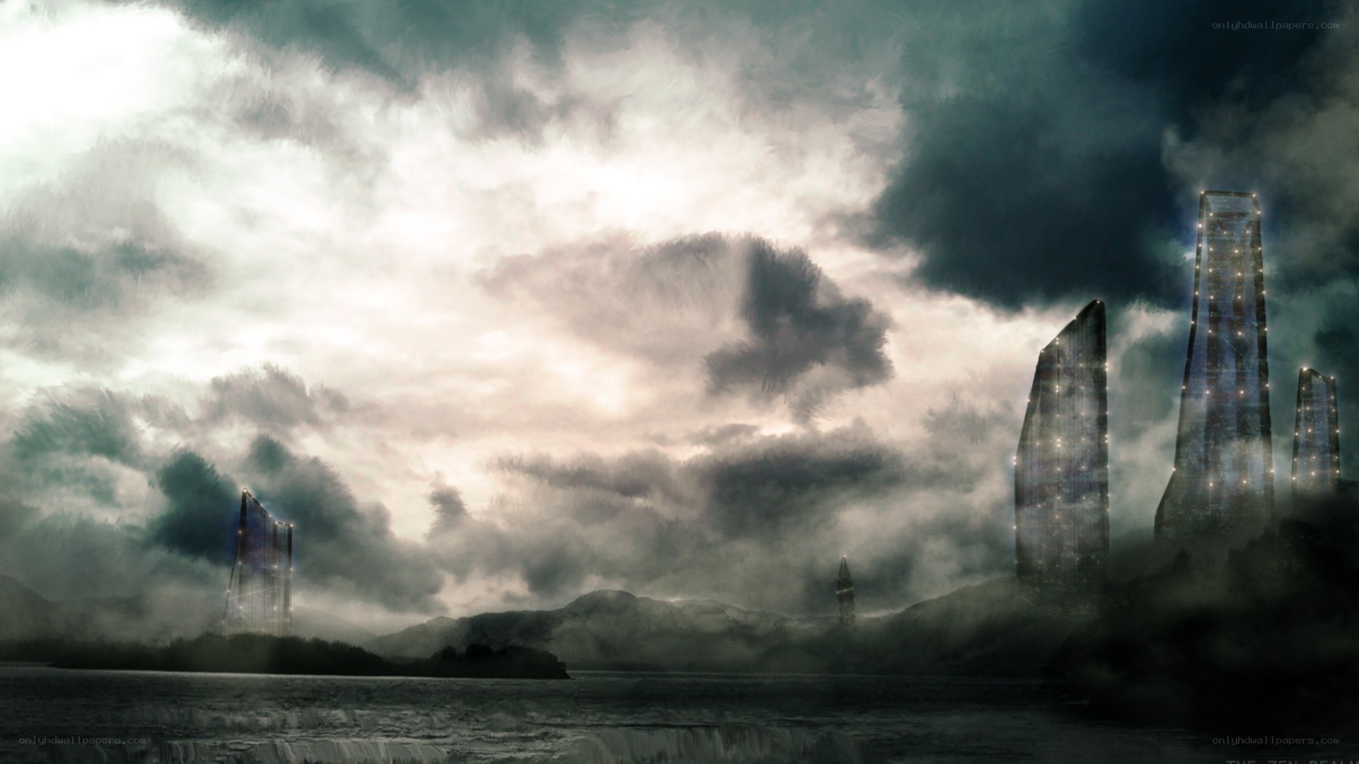 futuristic cityscape under stormy sky