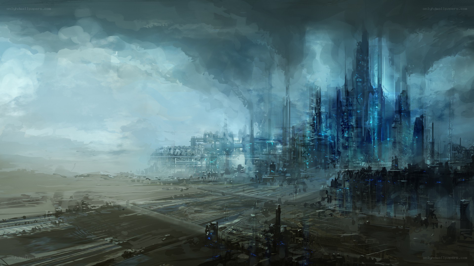 futuristic cityscape under stormy sky