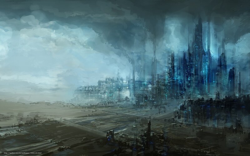 futuristic cityscape under stormy sky