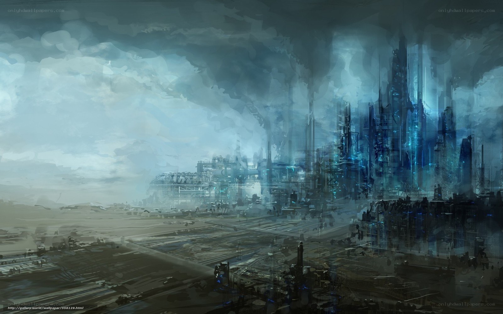 futuristic cityscape under stormy sky