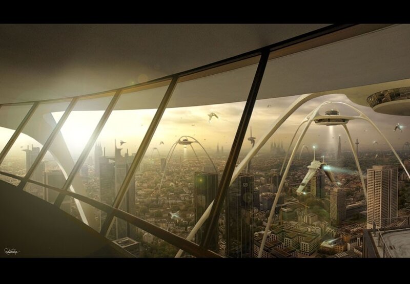 Futuristic Cityscape View — Gray, Dramatic, Sunset, Digital Art