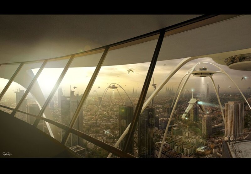 Futuristic Cityscape View — Gray, Dramatic, Sunset