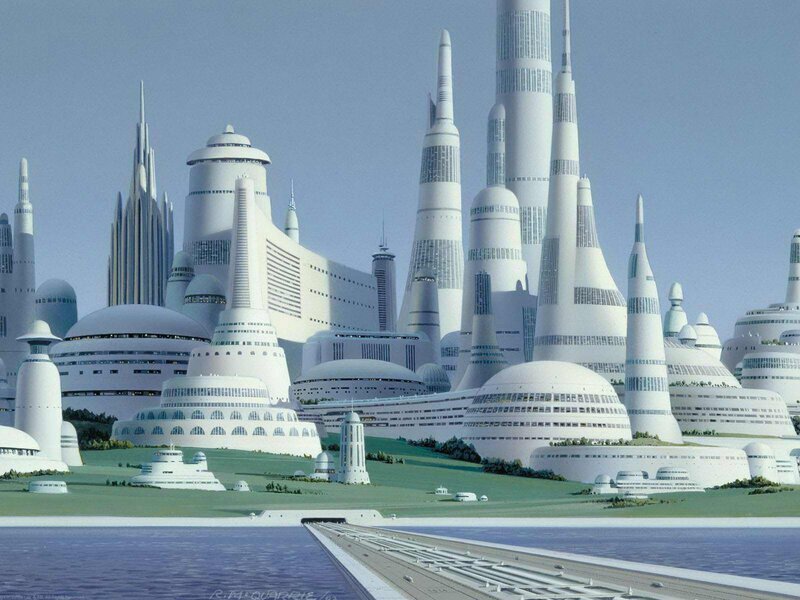 Futuristic Cityscape — White, Serene, Afternoon, Digital Art, Skyscrapers, Dome Buildings