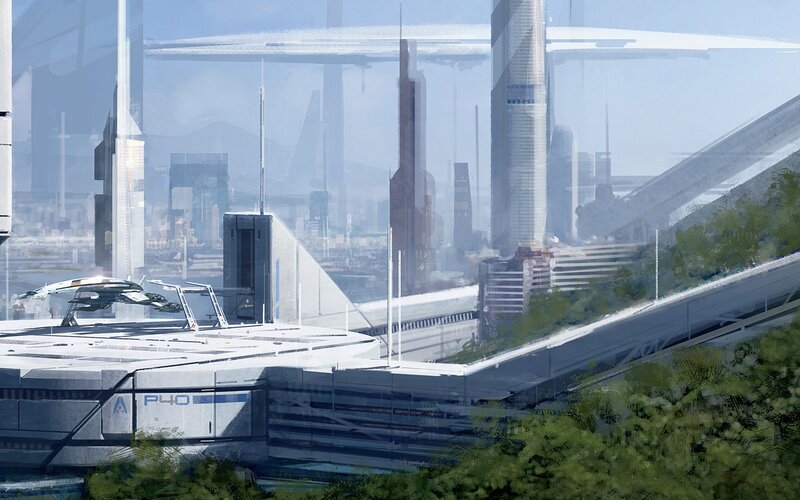 Futuristic Cityscape — White, Serene, Afternoon, Digital Art, Skyscrapers, Spacecraft, Greenery
