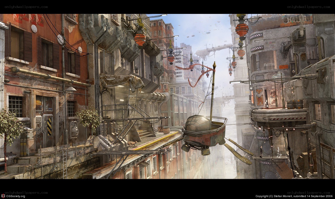 futuristic cityscape with airship