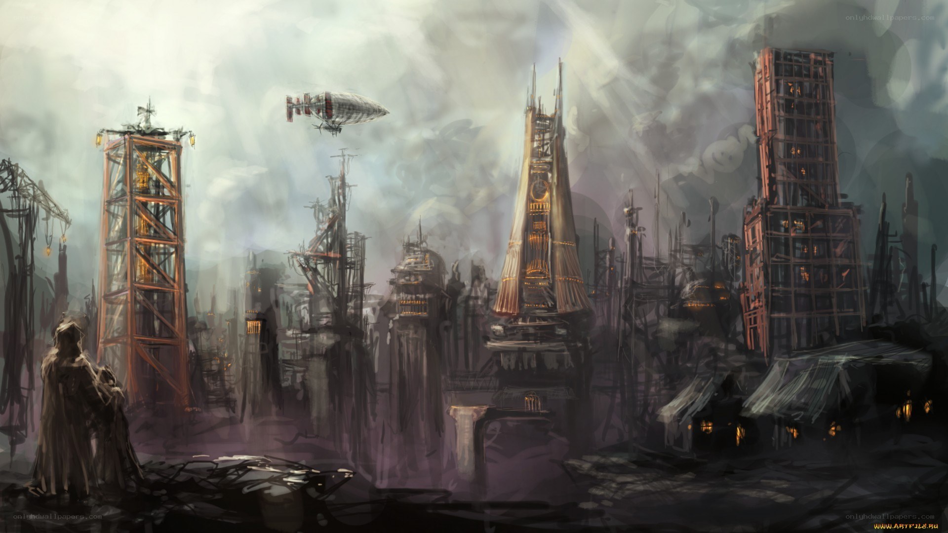 futuristic cityscape with airship