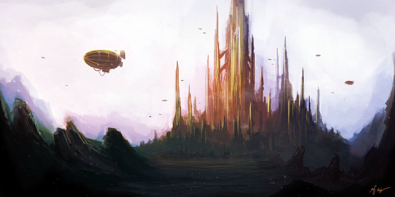 futuristic cityscape with airship