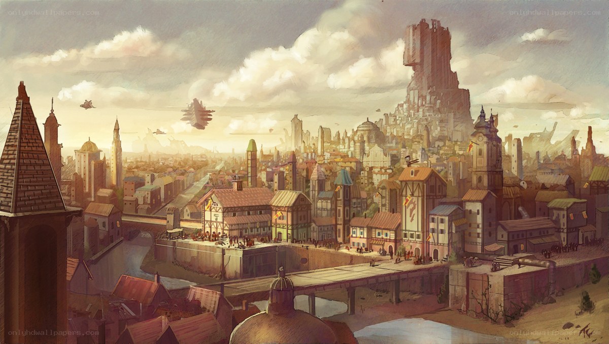 futuristic cityscape with airships
